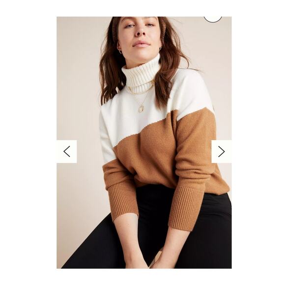 Anthropologie Color Block Turtleneck Sweater Brown‎ Cream Casual Cute Womens XL - Picture 1 of 8